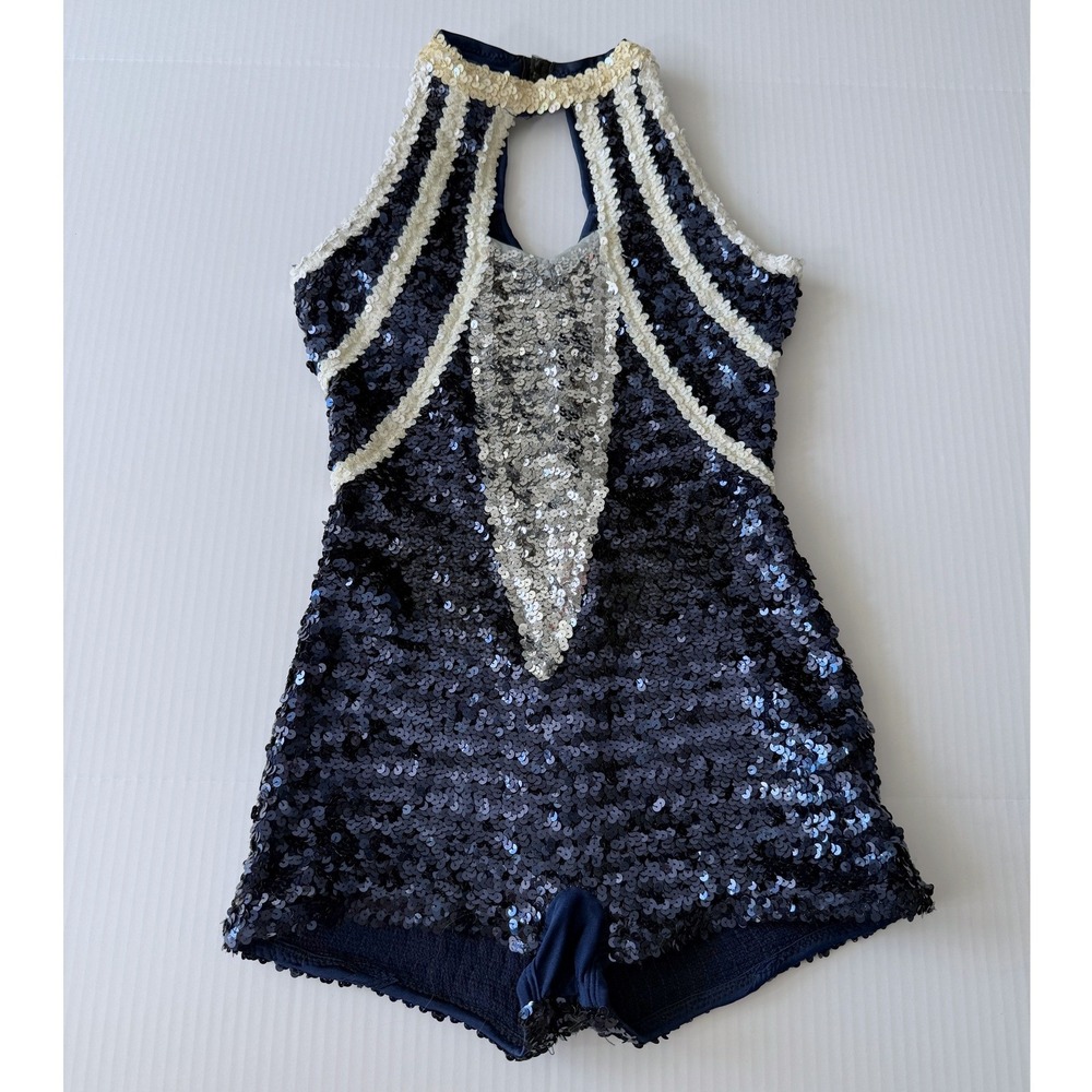 Algy Navy Blue Sequin Dance Costume Leotard Women Adult 14 Vintage Halter Stage
